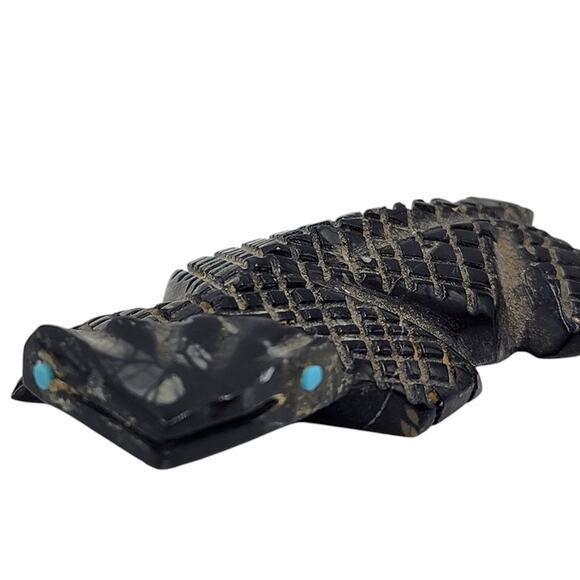 Native American Zuni Hand Carved Bear Alligator Fetishes Black Stone Turquoise - Picture 7 of 14